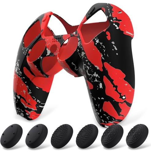 playvital Cover Controller per ps5,Custodia Protettiva Skin Silicone Antiscivolo per ps5 Joystick&6 Copri Levette Analogiche-Compatibile con Base di Ricarica-Spruzzi Rossi