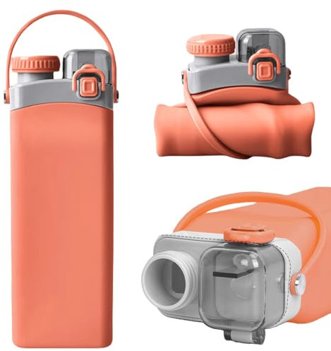Delamiya Faltbare Trinkflasche mit Strohhalm - 600ml, Auslaufsicher Wasserflasche aus Silikon, BPA frei - Wiederverwendbar Sportflasche Ideal für Kinder, Sport, Outdoor, Reisen, Camping (orange)