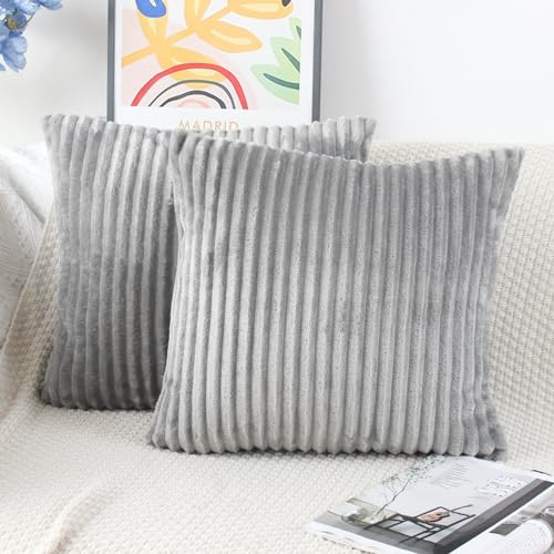 NIULAA Grau Cord Kissenbezug 50x50 Kissenbezüge Kordsamt 2er Set Gestreift Plüsch Kissenhülle Flauschig Deko Kissen Bezüge Quadratisch Kord Sofakissen Zierkissen Wohnzimme