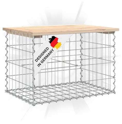 DELUKE Gartenbank Gabionen BIKS aus Stahl | 63x44x42cm Kiefernholz Natur | Gabionenbank Gartentisch aus Gabionen Steinkorb Gabionengitter Ziergabione Drahtkorb befüllbar
