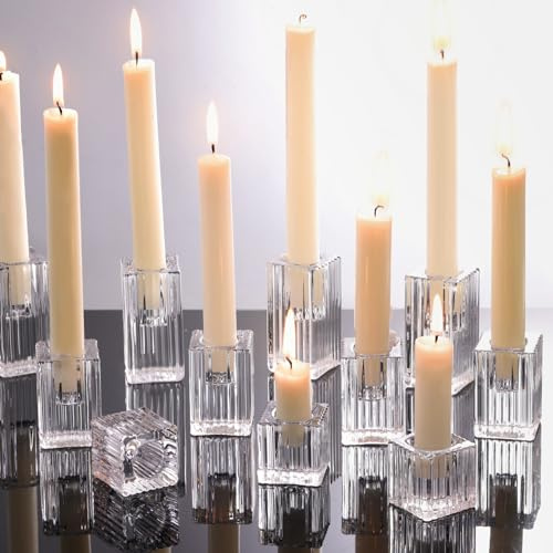 LETINE 12pcs Vertical Stripe Glass Candlestick Holders - Chic Taper Candle Sticks Holder Set for Elegant Dining & Home Decor - Ideal for Wedding Centerpieces, Parties, and Celebrations