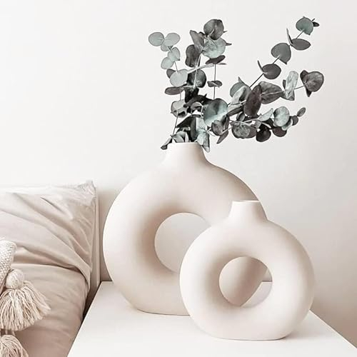 Donut Vase Deko, Matt Blumenvasen aus Keramik 3er-Set für Wohnungsdeko Tischdecko, Trockenblumen Vasen, Beige, Schwarz, Grau, Vase, Modern Keramikvase, Deko Höhe Vasen Set (S+M+L) (Weiß)