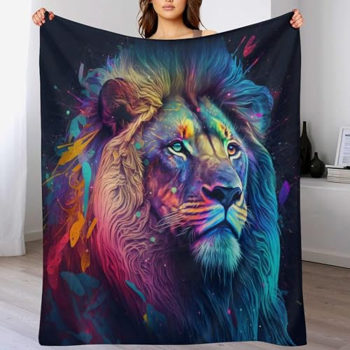 Couverture Polaire Flannel Peinture Lion en Tissu Peluche Extra Doux Thermique pour Lit Et Canapé pour Améliorer Le Sommeil Lavable À La Couverture Machine Facile À Manipuler（150×200cm）
