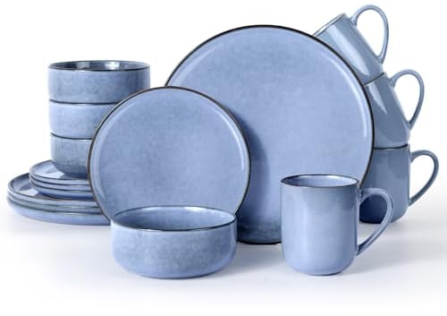 Homikit Dinner Set for 4, 16-Piece Reactive Glaze Kitchen Dinnerware Sets, Elegant Stoneware Included Plates Bowls and Mugs, Non-Scratch & Sturdy, Dishwasher & Microwave Safe, Myosotis Blue