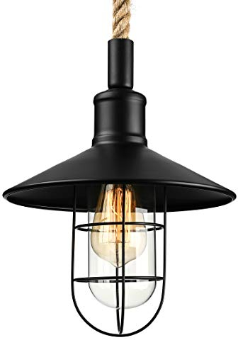 Hertl Vintage Hanging Pendant Light Nautical Style Saucer LED Island Lighting with Glass Shade and Rope Chain for Kitchen