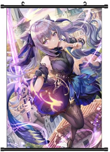 DKLQXCE Anime Plakat Scrollen, Gensshin Imppact Anime Plakat, Keqing Gensshin-Figuren-Poster mit Pole Geburtstagsgeschenk für Wohnzimmer Schlafzimmer Dekor Wandkunst für Anime Fans 40 x 60CM