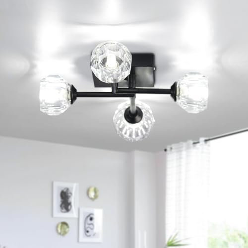 diisunbihuo Vintage Sputnik Ceiling Light Matte Black Semi Flush Mount Ceiling Lighting Modern 4 Light Chandelier for Kitchen Bedroom Living Room Hallway (Round Crystal Shade)