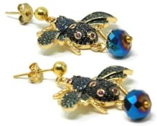 Orecchini con Pendenti a Forma di Ape in Bronzo, Zirconi Verdi, Azzurri, Neri, Fucsia e Palline di Cristallo Azzurro, Argento 925 Placcato Oro