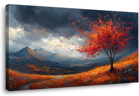 WIKEO Rosso, nero Albero della vita Quadro moderno, Albero del paesaggio Quadretti da parete Decorazioni moderni muro per salotto, camera da letto, Corridoio, casa-60x120cm Incorniciato