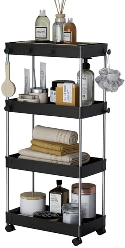 Alex Nash 4-Tier Slim Storage Trolley on Wheels - Rolling Utility Cart with Lockable Wheels - Slide Out Shelving Organiser Unit Rack for Kitchen, Bathroom, Bedroom, Office - Slim, Black