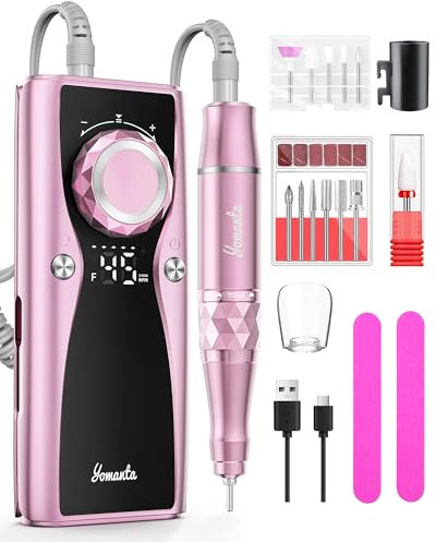 yomanta Nagelfräser professionell set 45000 RPM Tragbare Elektrische nagelfräser 10H+Batterielebensdauer Wiederaufladbar nagelfräser für gelnägel, LCD-Anzeige Einstellbare Drehrichtung-Rosengold