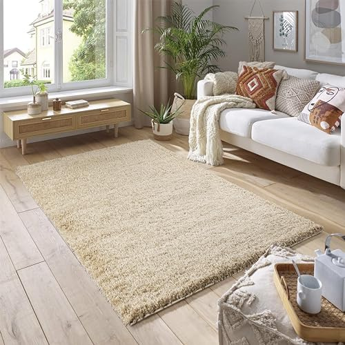 SmartLiving Outdoor Rug 120 x 170cm Light Beige Shaggy Rug Soft Thick 5cm Pile Modern Shimmer Area Rug, Fluffy Non Slip Bedroom Living Room Hallway Carpet, Luxury Shiny Floor Rug