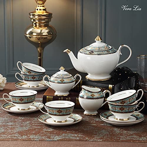 Teeservice aus Porzellan für Frauen und Erwachsene, Teetasse und Untertasse für 6 Personen mit Milchkännchen und Zuckerdose, englische Vintage-Teeservices, 15-teilig