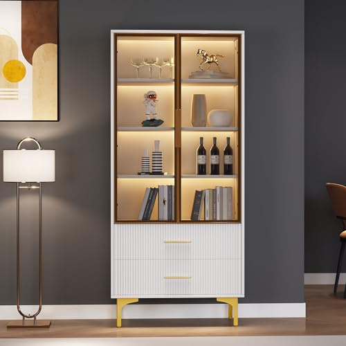 Merax Glasvitrine mit LED-Beleuchtung, mit Zwei Türen, tealfarbene Glastüren, goldene Beine, bewegliche Einlegeböden, Glasvitrine, Hochschrank, Standvitrine, Weiß, 70x35x150cm