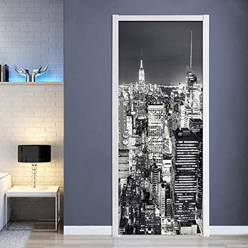 Türposter PVC 3D Türaufkleber Black and White New York City Türfolie Türtapete Art Home Dekoration Tapetentür Wasserdichtes Selbstklebend DIY Türbild B77 x H200cm