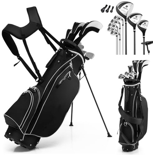 GYMAX Golf Club Set, Complete Right Handed Golf Clubs Set with 460cc Alloy Driver, 3# Fairway Wood, 4# Hybrid, 6#, 7#, 8#, 9# & P# Irons, Free Putter and Stand Bag, Adult Golf Package Sets (Black)