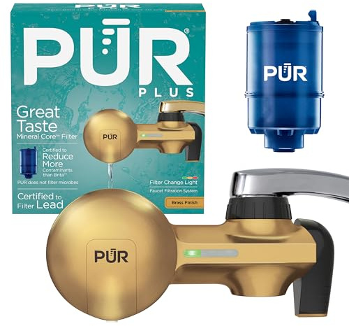 PUR Plus Faucet Mount Water Filtration System with Lead Reducing Mineral Core Faucet Filter, Water Filter that Attaches to Kitchen Sink, Horizontal, Brass, PFM410F