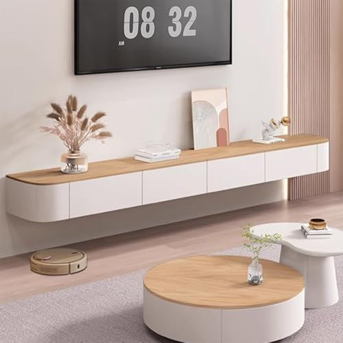Meuble TV mural moderne, console de divertissement multimédia avec rangement, grand banc TV de 180 cm pour salon et bureau (blanc et finition bois)