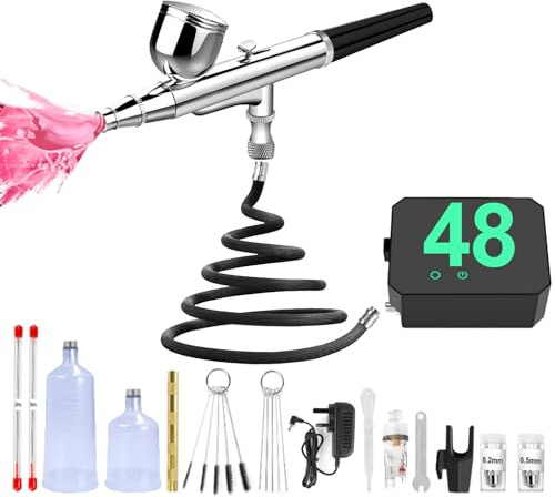 Kit aérographe avec compresseur – Aérographe portable haute pression avec buse 0,2/0,3/0,5 mm, pulvérisation non obstruante avec brosse de nettoyage pour peinture maquette barbier gâteau