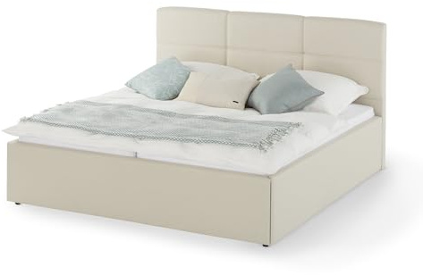 KHG Polsterbett Creme 180x200 Polsterkopfteil gesteppt Holzwerkstoff Bezug Flachgewebe fein 100% Polyester Kunststofffüße modern
