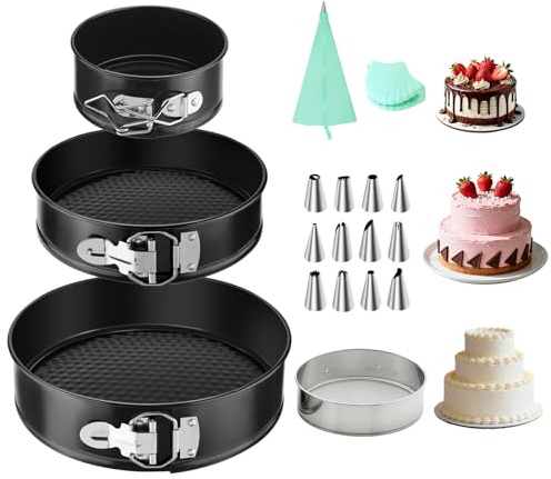 BELICOO Cake Tins Set 3Pcs(4/7/9), Cake Tins for Baking Non-Stick Carbon Steel Baking Tray Set & Flour Sieve with 12 Pcs Piping Nozzles, Piping Bags, Insulated Gloves