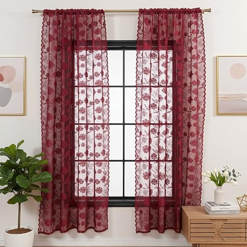 2 Stück Rot Spitze Vorhang Gardinenschal Blumen Muster Vintage Romantisch Dekoschal Vorhänge Ösenvorhänge Halbtransparente Tüllvorhänge Fensterschal für Wohnzimmer Schlafzimmer -140x200cm(BxL)