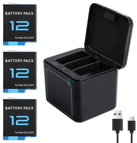 Batterie e Caricatore Compatibili con GoPro Hero 12 11 10 9 Black - 3x 1800mAh Alta Capacità con Custodia di Ricarica 3-in-1 e Cavo Type-C