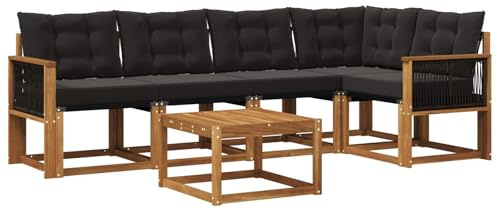 vidaXL Outdoor-Sofagarnitur mit Kissen 6 pcs Natürlich und Schwarz, Akazien Outdoor Sofa Set, modische Möbel für Terrasse, wetterfester Couch, entspannende Sitzgruppe im Garten
