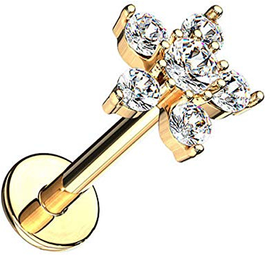 Piersando Piercing Stecker Innengewinde Edelstahl mit Kristall Blume Lippe Labret Lippenpiercing Monroe Ohrpiercing Knorpel Ohr 6mm Gold