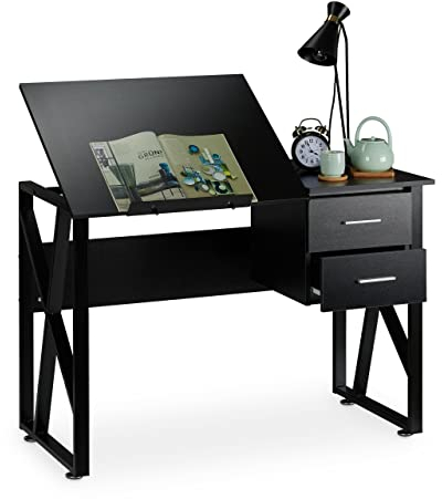 Relaxdays Schreibtisch neigbar, verstellbare Arbeitsfläche, Laptoptisch oder Zeichentisch, HBT 75x110x55cm, schwarz