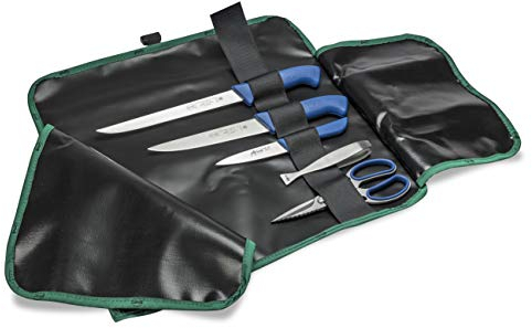 Set 5 pezzi lavorazione e sfilettatura Pesce, Linea Skin blu, in rotolo portatile per cuochi e pescatori