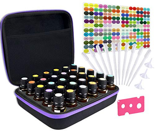 Tuzazo Custodia rigida per oli essenziali con inserto in schiuma EVA, con 206 accessori per oli essenziali (viola e nero), Nero e viola., 30 Holes - 5ml 10ml 15 ml, moderno