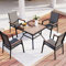 MFSTUDIO Garden Table and Chairs Set 5, Patio Dining Set,Square Metal Steel Slat Table with 1.57 Umbrella Hole and 4 Aluminium Textilene Chairs, Patio, Balcony, Bistro (Wooden colours)