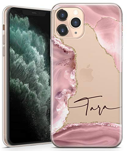 TULLUN Coque De Téléphone Personnalisée pour iPhone 11 - Clair Doux TPU Gel Mignon Marbre Rose Féminin Coutume Individuel Style Conception Étui Texte - Nom avec Traits
