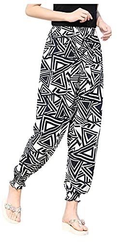 KEERADS Damen Baumwolle & Ployester Elastische Taille Bedruckte Freizeithosen Hosen Bohemian Beach Bloomers(Schwarz,L)