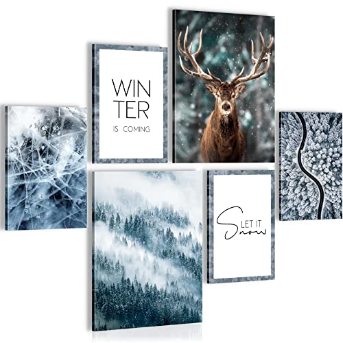 Novart Wandbilder Set Hirsch Natur Winter Wald - KEIN EXTRA RAHMEN BENÖTIGT - Modern Deko - Wohnzimmer Schlafzimmer Flur N001463a