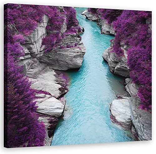 Feeby Vlies Leinwandbild Bach Abstraktion Schlucht Fluss 50x50 cm Wanddeko Design Kunstdruck Zimmerdeko Bilderwand Pflanzen Natur Schlucht Violett