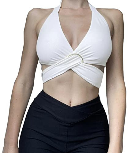 HTTOAR Frauen Sexy Neckholder Criss Cross Wrap Weste Cut Out Ärmellos Einfarbig Crop Tops Tank Top Verschiedene Tragemethoden mit Metallring (Large, Weiß)…