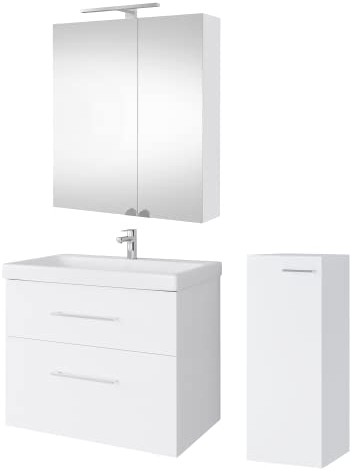 Planetmöbel Badmöbel Set Waschtisch mit Unterschrank 63 x 60 x 36,5 cm, Spiegelschrank 60 cm mit LED-Leuchte (schwarz matt) & Steckdose, inkl. Midischrank, Moderne Badezimmer Möbel, Weiß