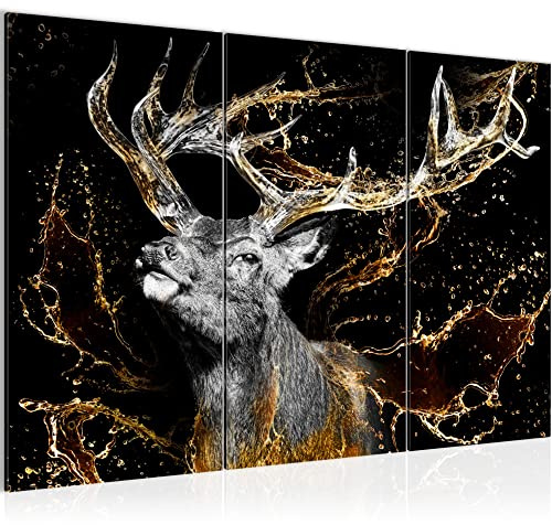 Runa Art Wandbilder Hirsch Bild XXL Wohnzimmer Schlafzimmer Schwarz Gold Tiere 120 x 80 cm 3 Teilig 042431a