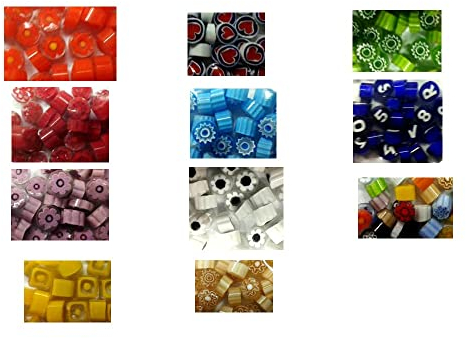 BLUSUPERSHOP 5 Gramm Muranoglas 6/7 mm (ca. 10, 12 Stück) Millefiori Glas viele Farben Rot Hellblau Weiß Violett etc Stücke Mosaik Glas Hobby Schmuck + 1 Schlüsselanhänger Amulti