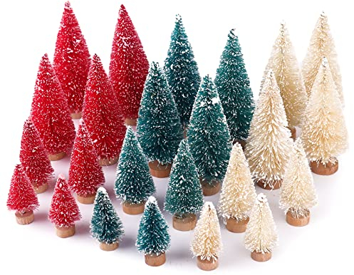 30 Stück Flaschenbürste Bäume Weihnachten, Rot Blau Gelb Miniatur Weihnachtsbaum, Mini Weihnachtsbaum 1,8/2,6/3,4/3,9 Zoll, Kleiner Weihnachtsbaum mit Schneeflocken
