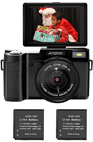 Andoer CD-R2 2.7K Full HD 30MP Digitale Videokamera Cam Camcorder 7,6 cm drehbarer Bildschirm 4X Digitalzoom mit Blitz, 2 Batterien