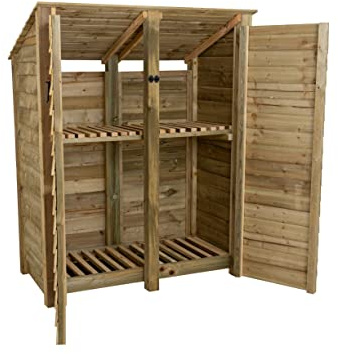 Arbor Garden Solutions Wooden log store 6ft with doors (W-146cm, H-180cm, D-88cm), natural finish (With kindling shelf (Reverse roof))