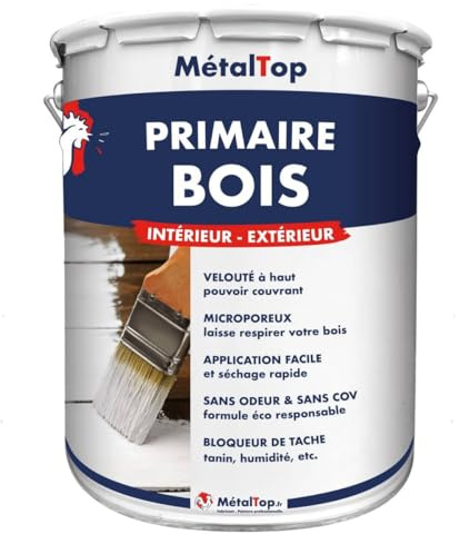 Metaltop - Primaire Bois - Blanc pur - RAL 9010-15 L - Sous-couche d'accrochage pour toutes peintures à l'eau.