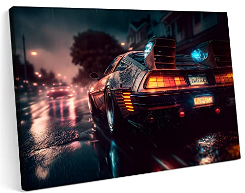 Printonia Bilder Leinwandbild 120x80cm DeLorean Car Classic Zurück in die Stadt der Zukunft Neon Tuning