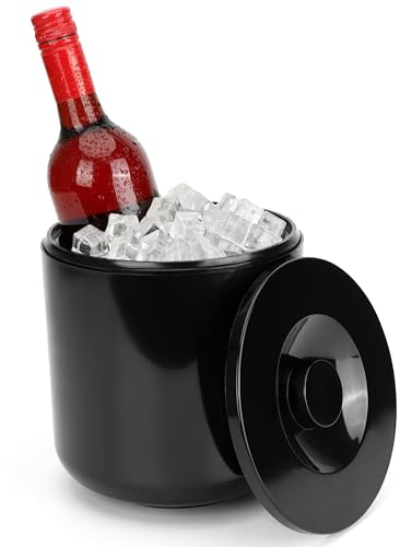 Kurtzy Seau a Glacon Isotherme Noir avec Couvercle & Pince a Glacon - Seau a Glace 4 L à Double Paroi - Garde la Glace Congelée Longtemps - Bar, Fêtes, Barbecues - Pour Refroidir Bières & Champagne