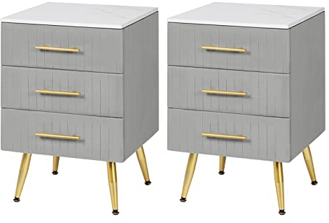 WOLTU Set di 2 Comodino Camera da Letto in Velluto con Tre Cassetti, Cassettiera in Legno, Organizzatore da Letto, Gambe in Metallo, Bianco e Grigio, TS135gr-2