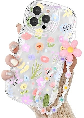 Newseego Clear iPhone 13 Pro Max Case for Girls Women, Cute Flower Floral Pattern Design with Lovely Chain Phone Case Flexible Soft TPU Shockproof Camera Protection Bumper Cover for iPhone 13 Pro Max