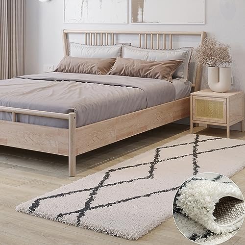 MY-RUG Teppich Shaggy Luxe Rechteckig Creme Weiß 250 x 80 cm - Wohnzimmer Langflor rutschfest Flauschig Weich Moderne Einfarbige Muster Schlafzimmer Skandi Rauten Muster